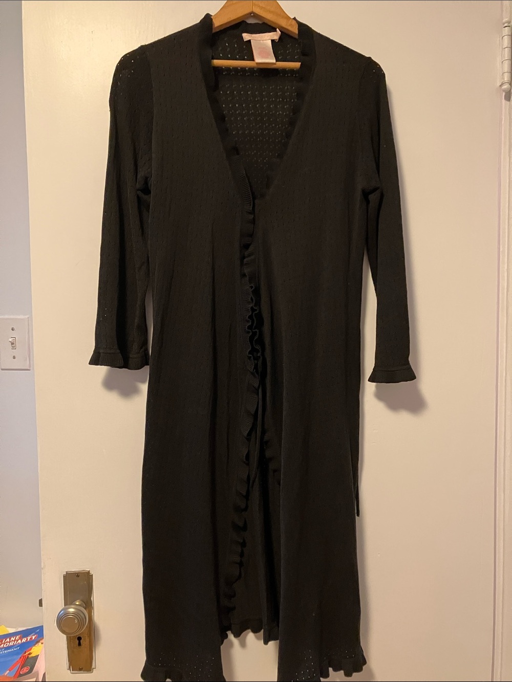 Black Long Ruffle-Trim Cardigan Sweater Silk Blend
